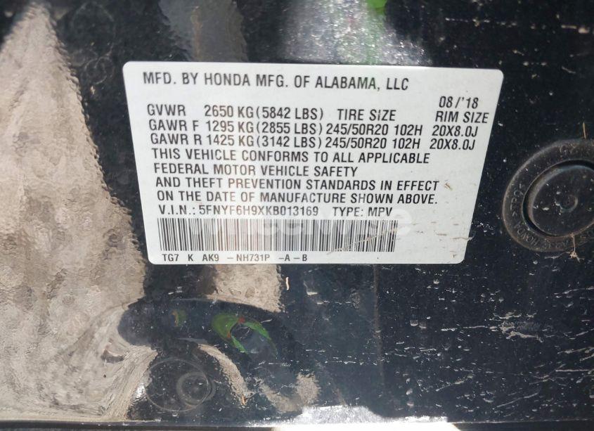 Photo 9 of 2019 Honda Pilot TOURING (VIN 5FNYF6H9XKB013169)