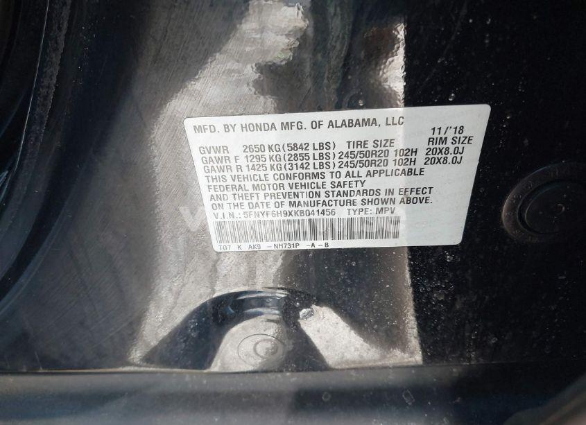 Photo 9 of 2019 Honda Pilot TOURING (VIN 5FNYF6H9XKB041456)