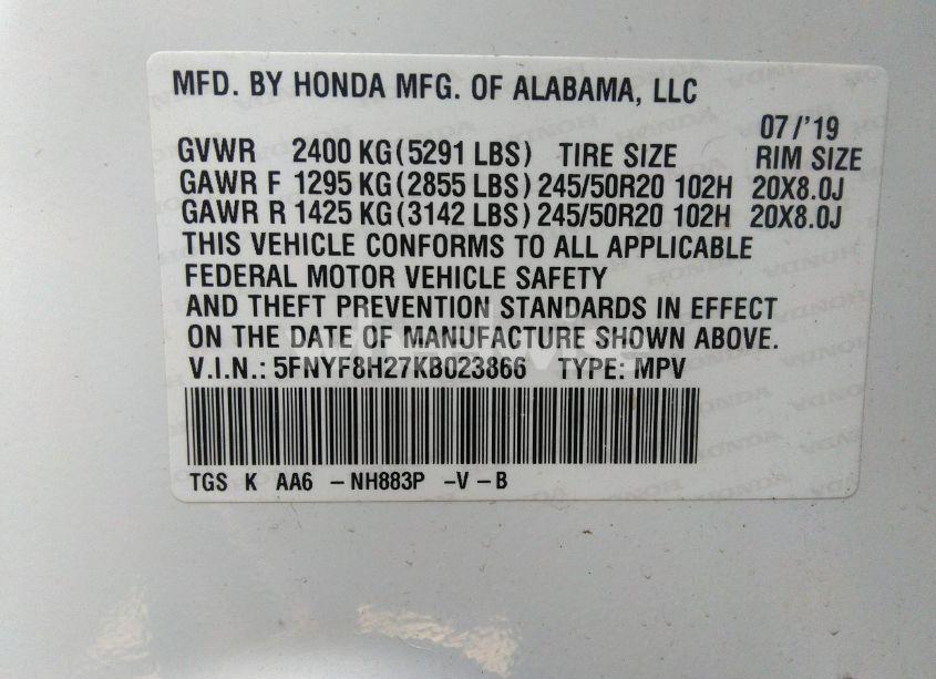 Photo 9 of 2019 Honda Passport SPORT (VIN 5FNYF8H27KB023866)