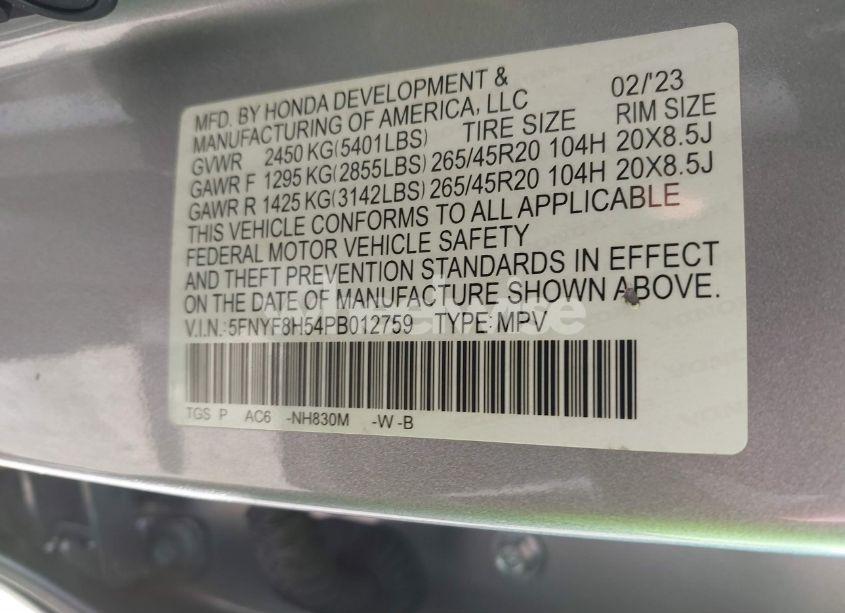 Photo 9 of 2023 Honda Passport AWD EX-L (VIN 5FNYF8H54PB012759)