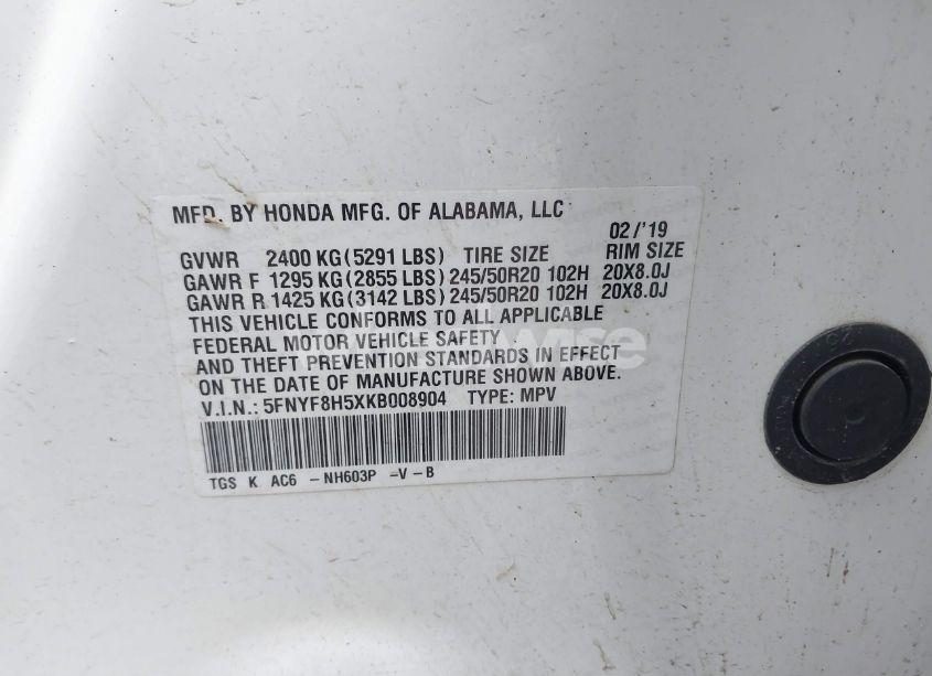 Photo 9 of 2019 Honda Passport EX-L (VIN 5FNYF8H5XKB008904)