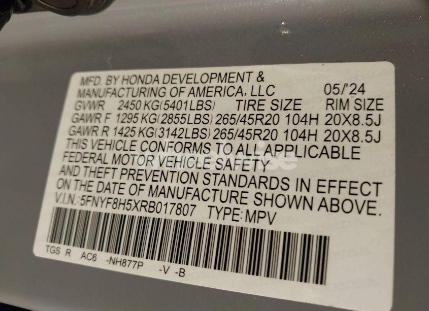 Photo 9 of 2024 Honda Passport AWD EX-L (VIN 5FNYF8H5XRB017807)