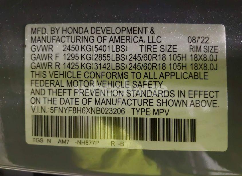 Photo 9 of 2022 Honda Passport AWD TRAILSPORT (VIN 5FNYF8H6XNB023206)