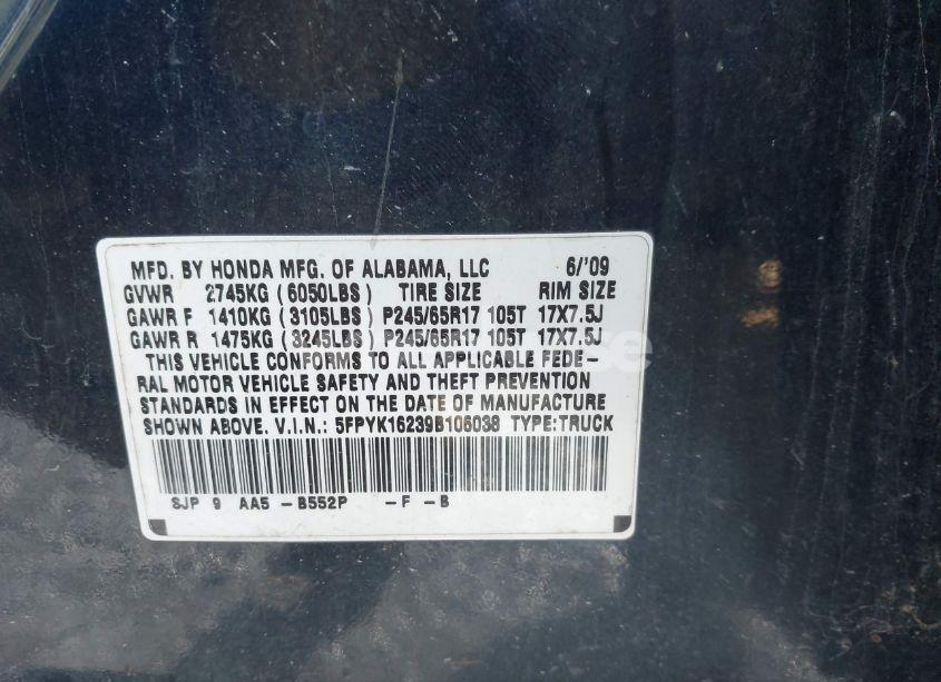 Photo 9 of 2009 Honda Ridgeline RT (VIN 5FPYK16239B106038)