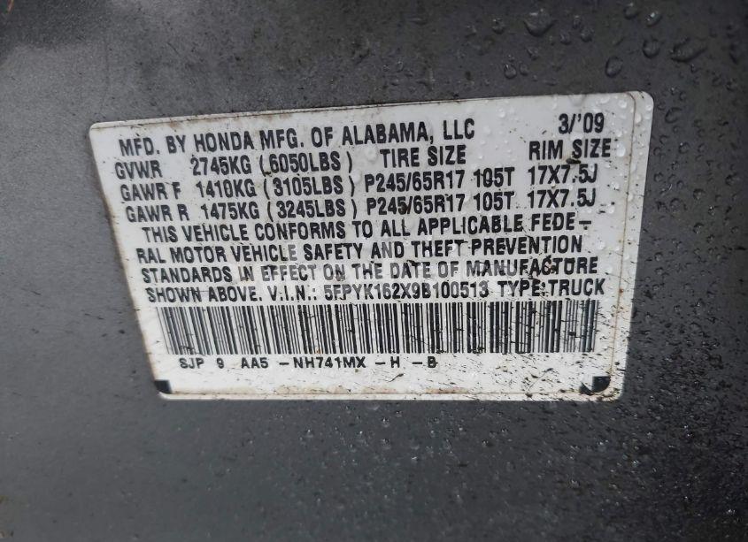 Photo 9 of 2009 Honda Ridgeline RT (VIN 5FPYK162X9B100513)