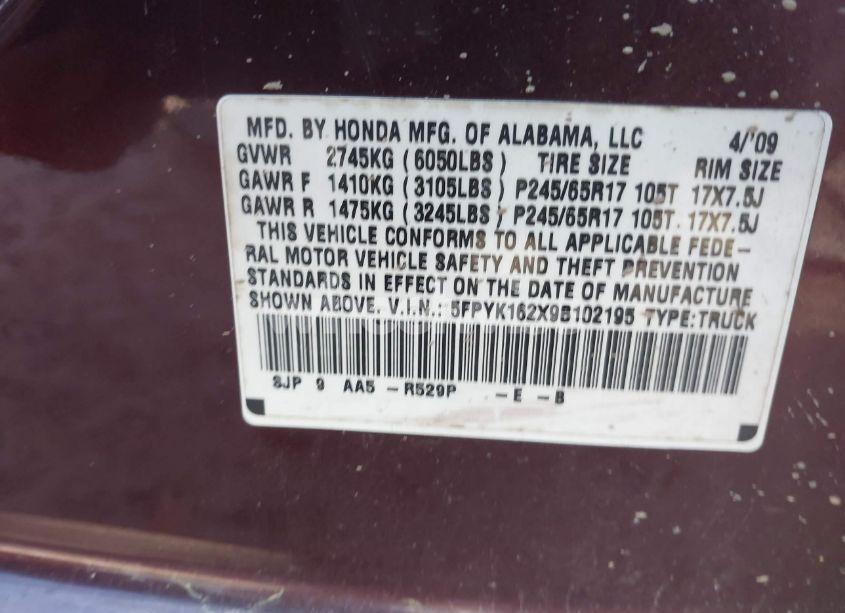 Photo 9 of 2009 Honda Ridgeline RT (VIN 5FPYK162X9B102195)