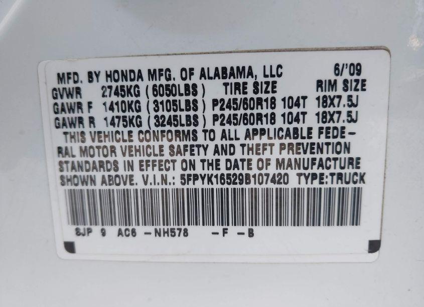 Photo 9 of 2009 Honda Ridgeline RTL (VIN 5FPYK16529B107420)