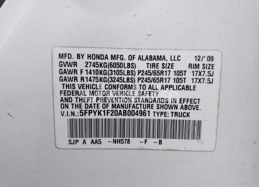 Photo 9 of 2010 Honda Ridgeline RT (VIN 5FPYK1F20AB004961)