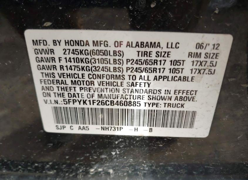 Photo 9 of 2012 Honda Ridgeline RT (VIN 5FPYK1F26CB460885)