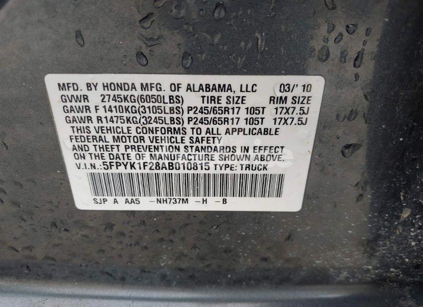 Photo 9 of 2010 Honda Ridgeline RT (VIN 5FPYK1F28AB010815)