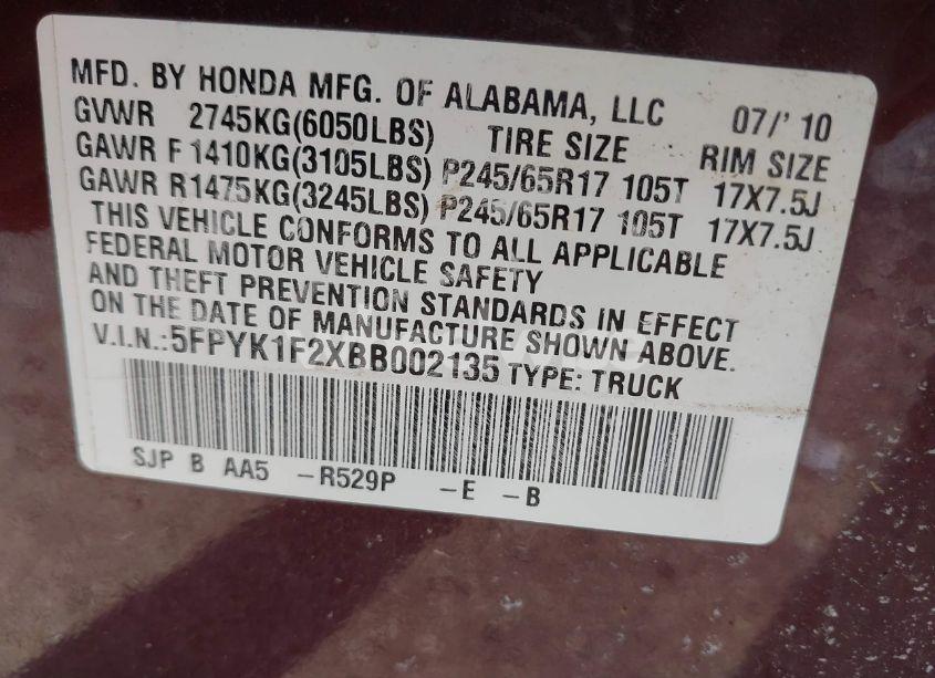 Photo 9 of 2011 Honda Ridgeline RT (VIN 5FPYK1F2XBB002135)