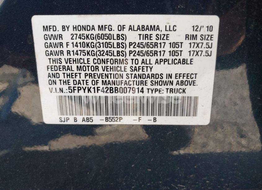 Photo 9 of 2011 Honda Ridgeline RTS (VIN 5FPYK1F42BB007914)