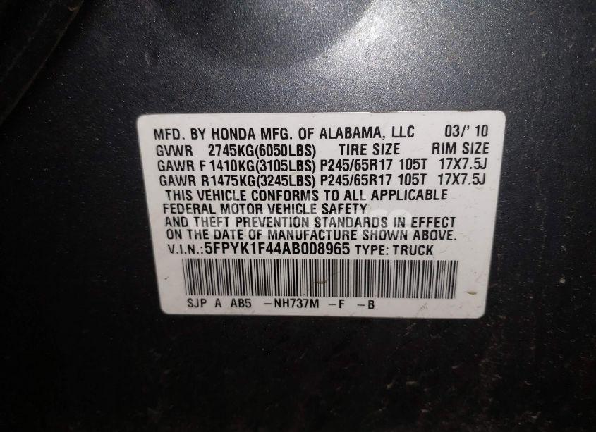 Photo 9 of 2010 Honda Ridgeline RTS (VIN 5FPYK1F44AB008965)