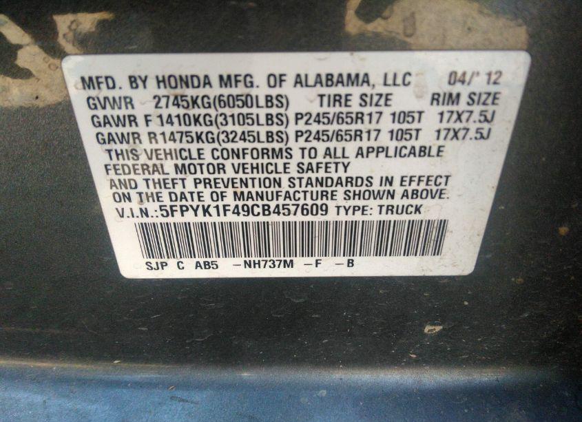 Photo 9 of 2012 Honda Ridgeline RTS (VIN 5FPYK1F49CB457609)