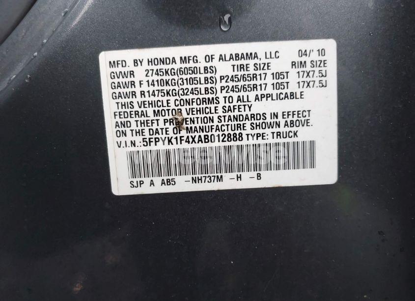 Photo 9 of 2010 Honda Ridgeline RTS (VIN 5FPYK1F4XAB012888)