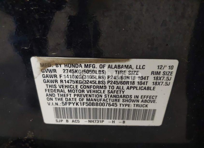 Photo 9 of 2011 Honda Ridgeline RTL (VIN 5FPYK1F50BB007645)