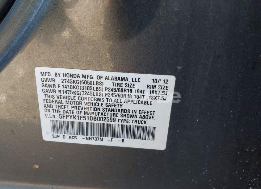 Photo 9 of 2013 Honda Ridgeline RTL (VIN 5FPYK1F51DB002599)