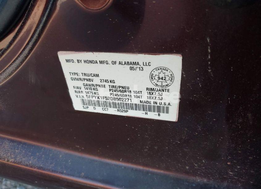 Photo 9 of 2013 Honda Ridgeline RTL (VIN 5FPYK1F52DB502271)