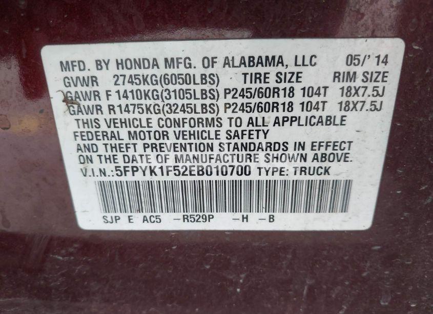 Photo 9 of 2014 Honda Ridgeline RTL (VIN 5FPYK1F52EB010700)