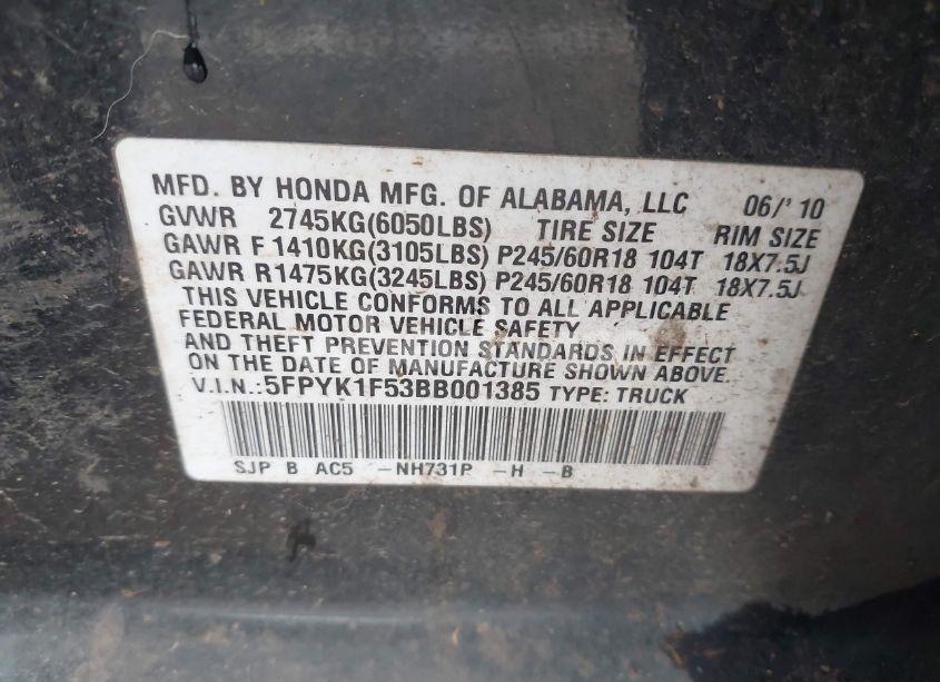 Photo 9 of 2011 Honda Ridgeline RTL (VIN 5FPYK1F53BB001385)