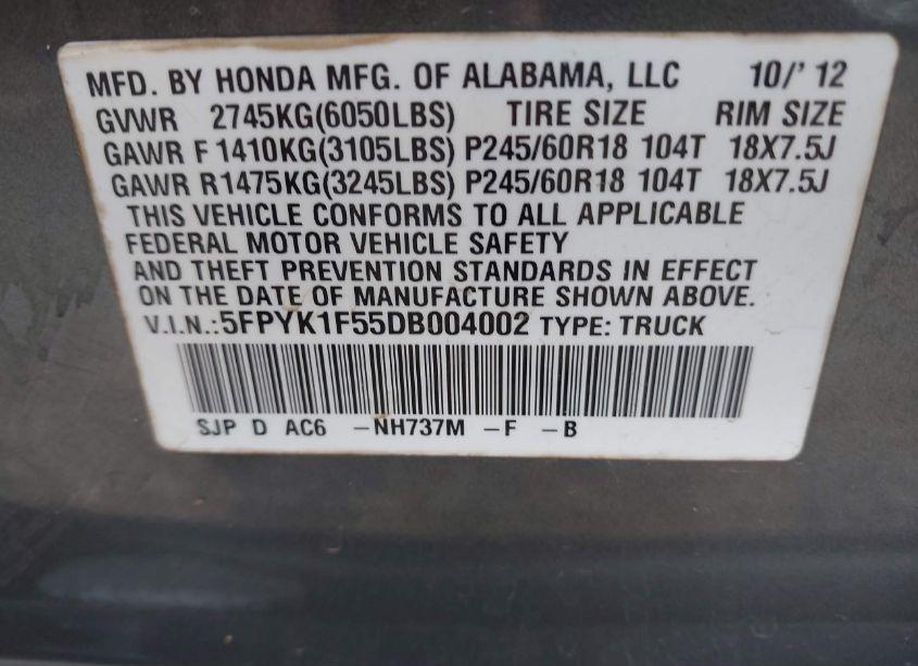 Photo 9 of 2013 Honda Ridgeline RTL (VIN 5FPYK1F55DB004002)