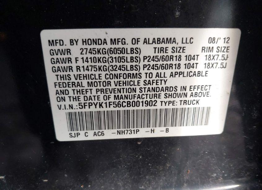 Photo 9 of 2012 Honda Ridgeline RTL (VIN 5FPYK1F56CB001902)