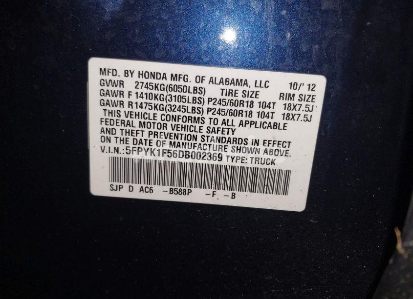Photo 9 of 2013 Honda Ridgeline RTL (VIN 5FPYK1F56DB002369)
