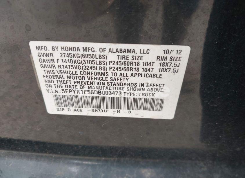 Photo 9 of 2013 Honda Ridgeline RTL (VIN 5FPYK1F56DB003473)