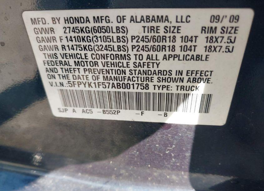 Photo 9 of 2010 Honda Ridgeline RTL (VIN 5FPYK1F57AB001758)