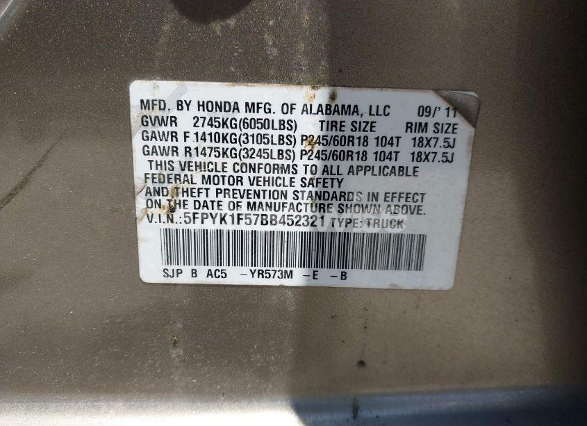 Photo 9 of 2011 Honda Ridgeline RTL (VIN 5FPYK1F57BB452321)