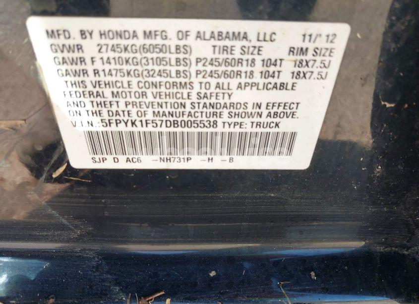 Photo 9 of 2013 Honda Ridgeline RTL (VIN 5FPYK1F57DB005538)