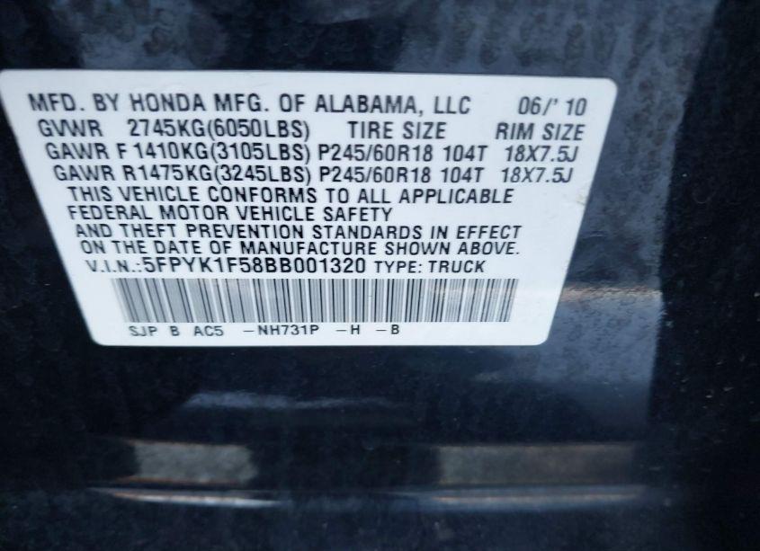 Photo 9 of 2011 Honda Ridgeline RTL (VIN 5FPYK1F58BB001320)