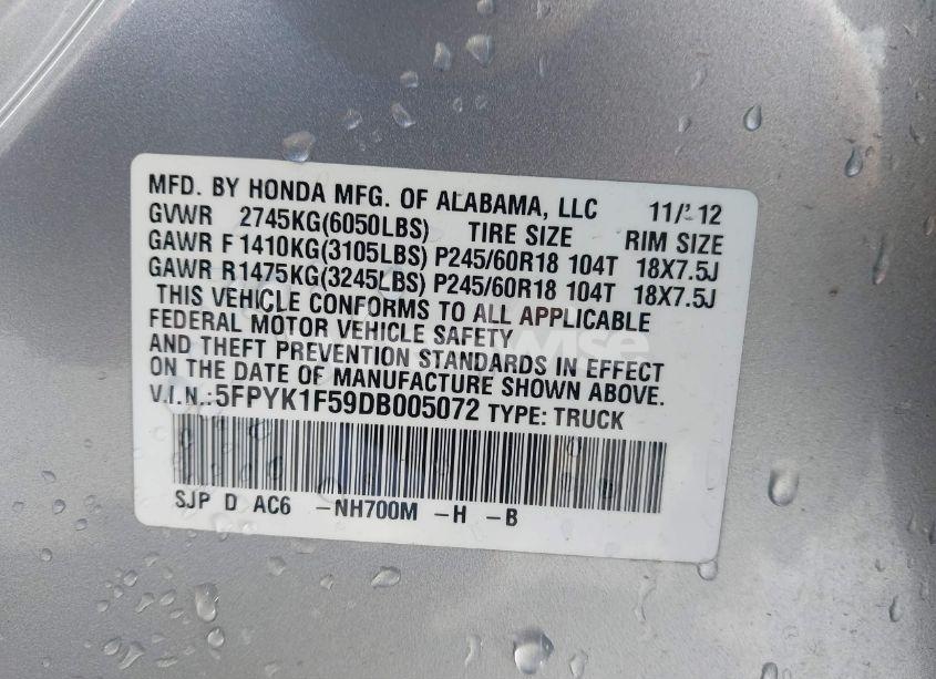Photo 9 of 2013 Honda Ridgeline RTL (VIN 5FPYK1F59DB005072)