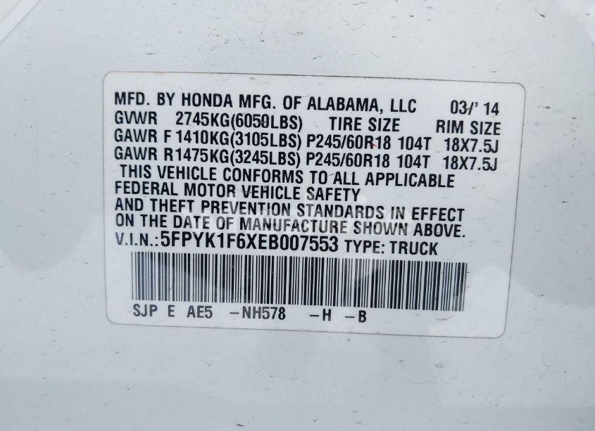 Photo 9 of 2014 Honda Ridgeline SE (VIN 5FPYK1F6XEB007553)