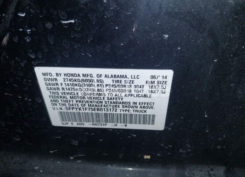 Photo 9 of 2014 Honda Ridgeline SPORT (VIN 5FPYK1F75EB013172)