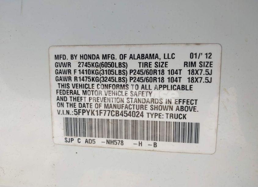 Photo 9 of 2012 Honda Ridgeline SPORT (VIN 5FPYK1F77CB454024)