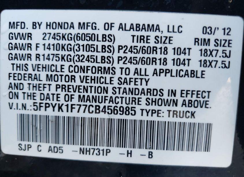 Photo 9 of 2012 Honda Ridgeline SPORT (VIN 5FPYK1F77CB456985)