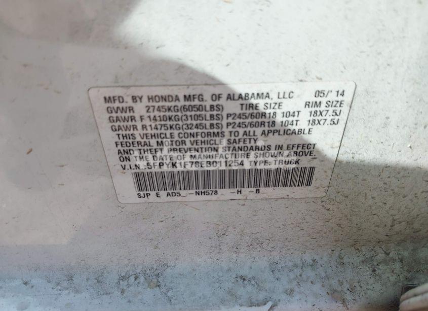 Photo 9 of 2014 Honda Ridgeline SPORT (VIN 5FPYK1F78EB011254)