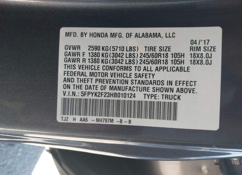 Photo 9 of 2017 Honda Ridgeline RT (VIN 5FPYK2F23HB010124)