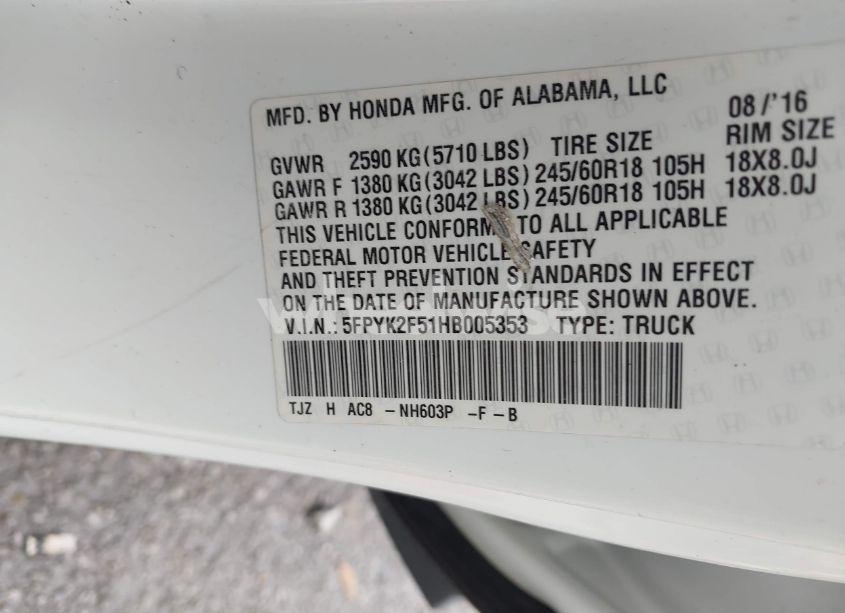 Photo 9 of 2017 Honda Ridgeline RTL (VIN 5FPYK2F51HB005353)