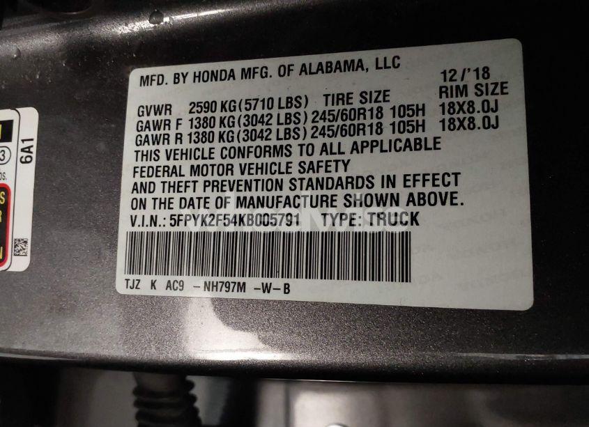 Photo 9 of 2019 Honda Ridgeline RTL (VIN 5FPYK2F54KB005791)