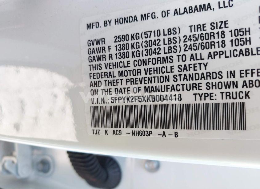 Photo 9 of 2019 Honda Ridgeline RTL (VIN 5FPYK2F5XKB004418)