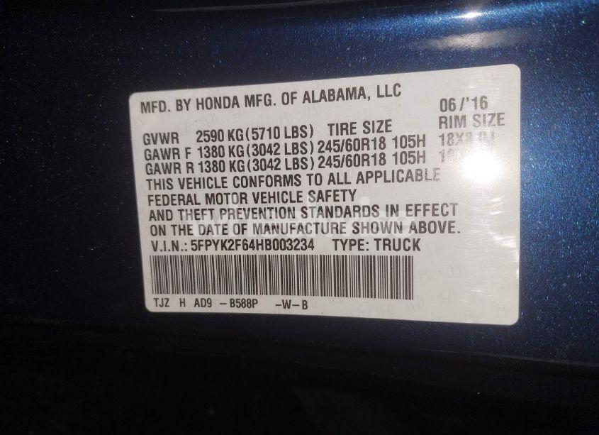 Photo 9 of 2017 Honda Ridgeline RTL-T (VIN 5FPYK2F64HB003234)