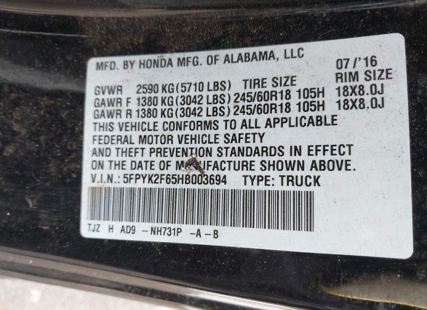 Photo 9 of 2017 Honda Ridgeline RTL-T (VIN 5FPYK2F65HB003694)