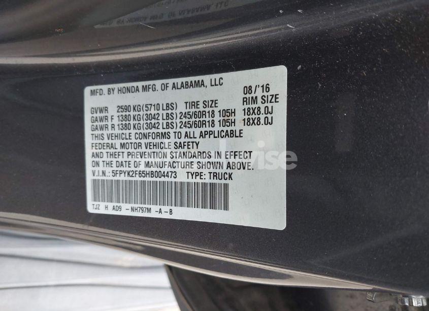 Photo 9 of 2017 Honda Ridgeline RTL-T (VIN 5FPYK2F65HB004473)