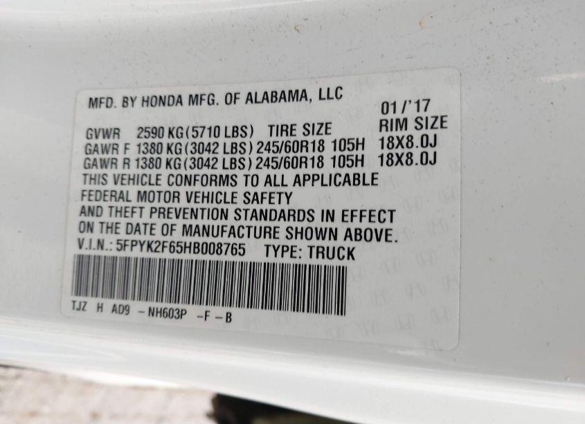 Photo 9 of 2017 Honda Ridgeline RTL-T (VIN 5FPYK2F65HB008765)