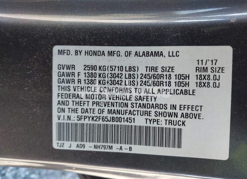Photo 9 of 2018 Honda Ridgeline RTL-T (VIN 5FPYK2F65JB001451)