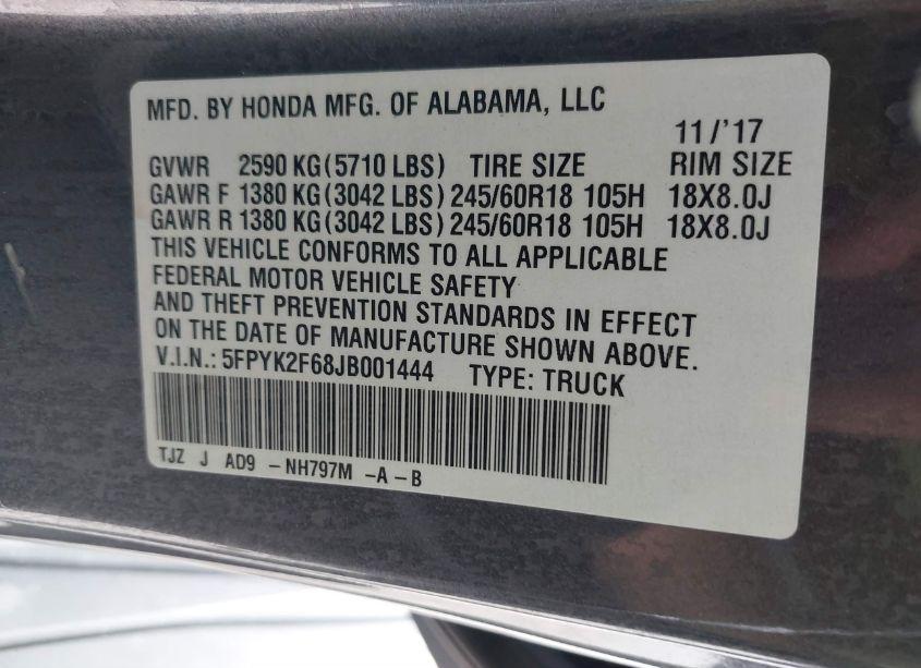 Photo 9 of 2018 Honda Ridgeline RTL-T (VIN 5FPYK2F68JB001444)