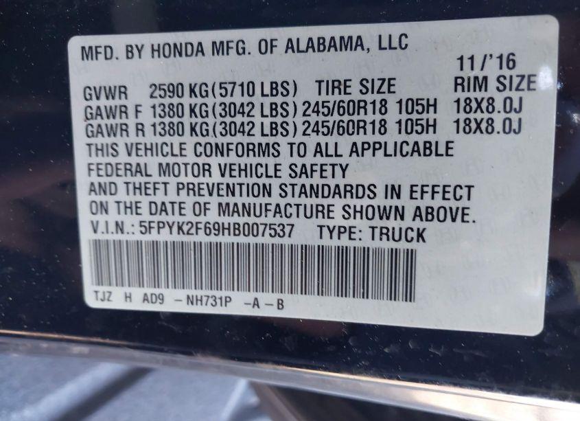 Photo 9 of 2017 Honda Ridgeline RTL-T (VIN 5FPYK2F69HB007537)