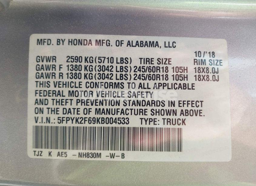 Photo 9 of 2019 Honda Ridgeline RTL-T (VIN 5FPYK2F69KB004533)